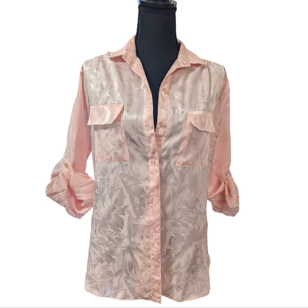 Vintage 80s Pink Satin Floral Blouse Sheer Jacquard Button Up Coquette Romance - Picture 11 of 13